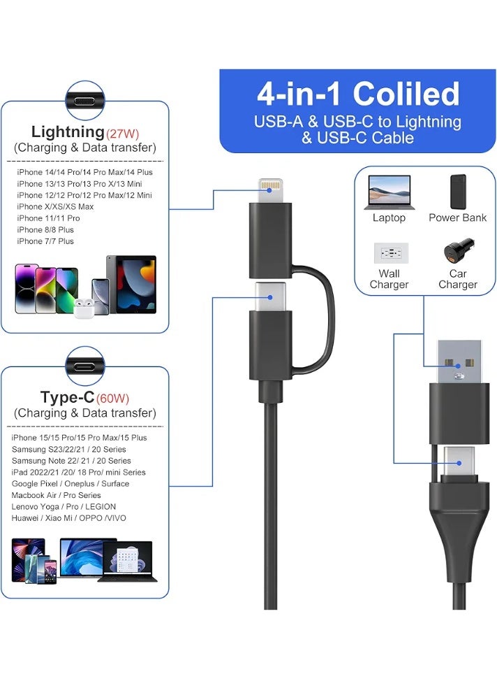 كابل بيانات سريع 4 في 1، 4 أقدام USB Type C، USB A، Lightning 65 واط، متوافق مع iPhone/iPad/MacBook Pro/AirPods/Samsung/Android (أسود) - Image 2