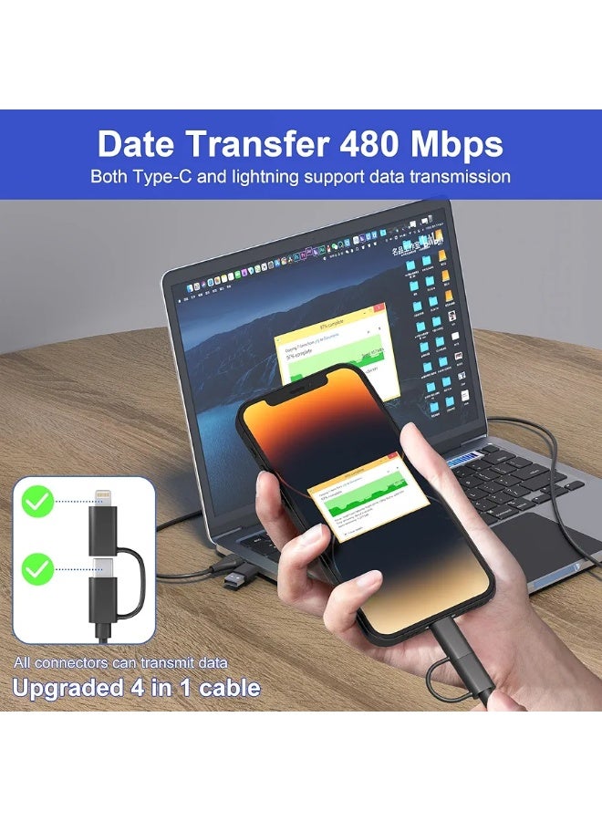 كابل بيانات سريع 4 في 1، 4 أقدام USB Type C، USB A، Lightning 65 واط، متوافق مع iPhone/iPad/MacBook Pro/AirPods/Samsung/Android (أسود) - Image 5