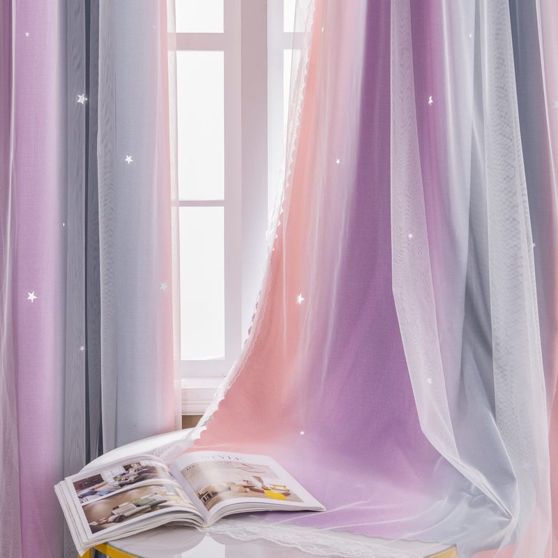 XiDi Curtains for Bedroom Decor, Rainbow GreyPinkPu-34-96 - Image 1