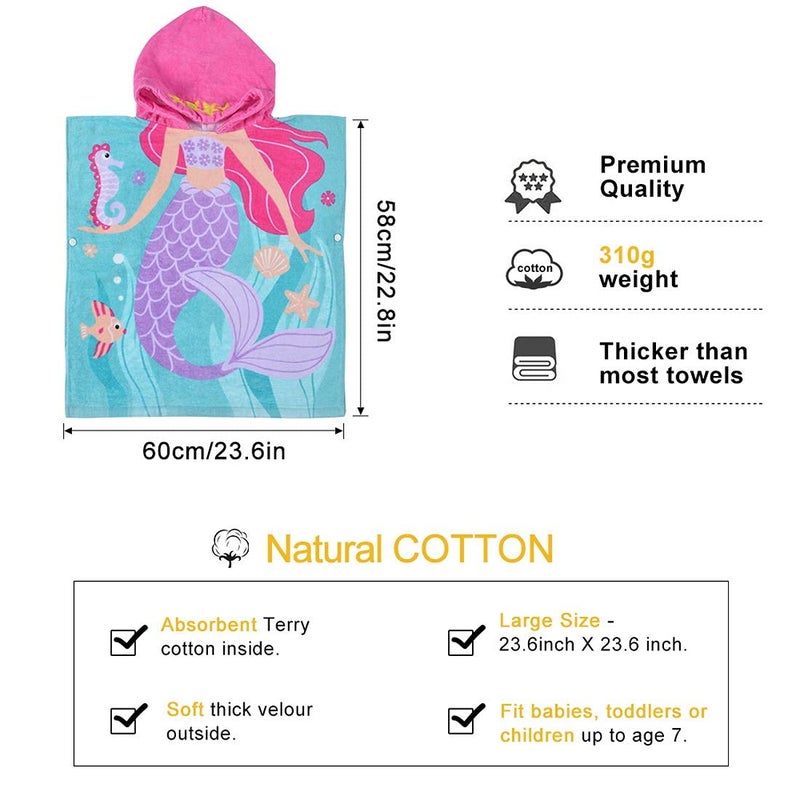Ji and Ja Ji and Ja Kids Beach Towels with Hood Kids Bath Towels for Boys Cute Cartoon Printed Towel Microfiber Hoodie Beach Towel Pouncho Head Coverups MultiUse 17 Years Kids Mermaid - Image 3