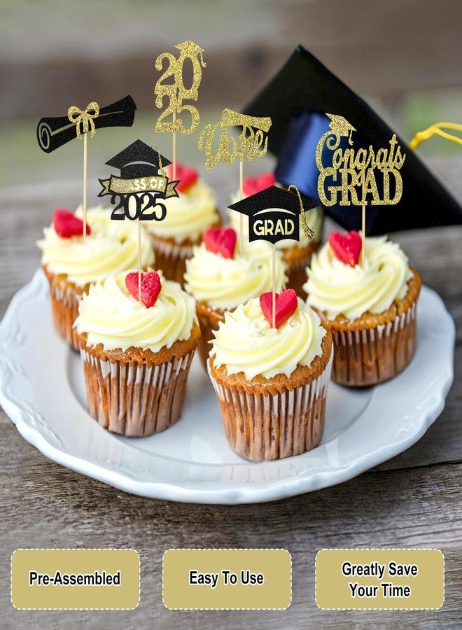 rolyta 24 Pcs Graduation Cupcake Toppers 2025, Glitter Gold and Black Class of 2025 Cupcake Toppers, 6 Styles Graduation Cap Diploma Cake Picks for Grad Theme Party Cake Decorations Supplies - Image 3