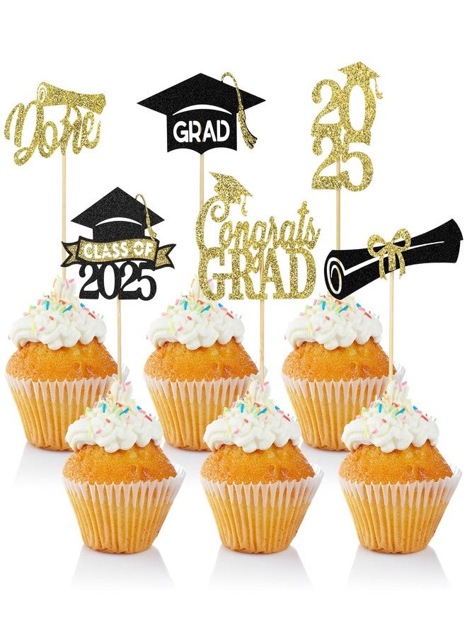 rolyta 24 Pcs Graduation Cupcake Toppers 2025, Glitter Gold and Black Class of 2025 Cupcake Toppers, 6 Styles Graduation Cap Diploma Cake Picks for Grad Theme Party Cake Decorations Supplies - Image 1