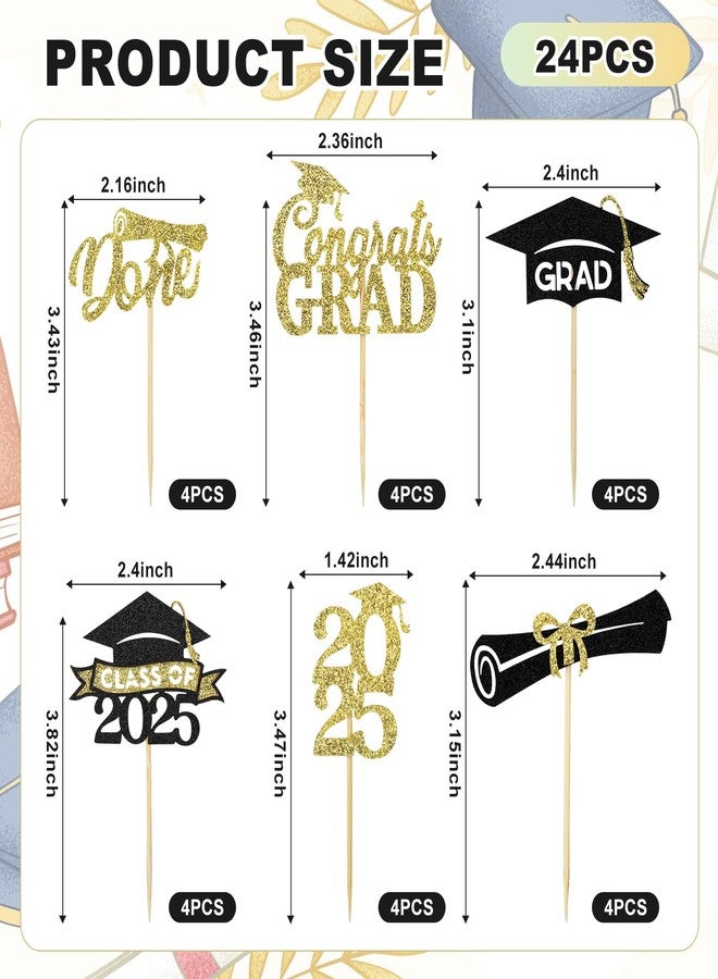 rolyta 24 Pcs Graduation Cupcake Toppers 2025, Glitter Gold and Black Class of 2025 Cupcake Toppers, 6 Styles Graduation Cap Diploma Cake Picks for Grad Theme Party Cake Decorations Supplies - Image 2