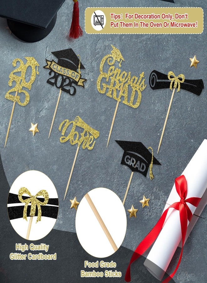 rolyta 24 Pcs Graduation Cupcake Toppers 2025, Glitter Gold and Black Class of 2025 Cupcake Toppers, 6 Styles Graduation Cap Diploma Cake Picks for Grad Theme Party Cake Decorations Supplies - Image 4
