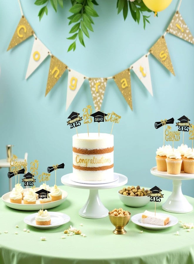 rolyta 24 Pcs Graduation Cupcake Toppers 2025, Glitter Gold and Black Class of 2025 Cupcake Toppers, 6 Styles Graduation Cap Diploma Cake Picks for Grad Theme Party Cake Decorations Supplies - Image 5