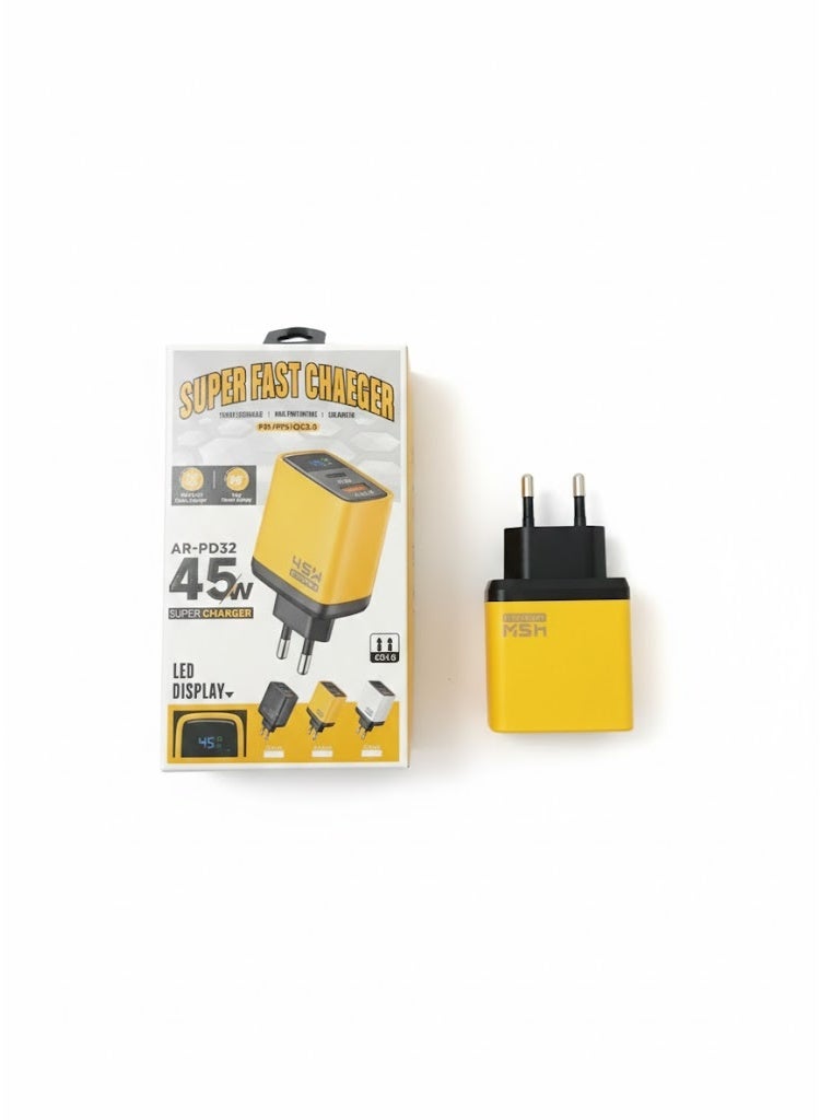 شاحن فائق السرعة AR-PD32 بقوة 45 واط - منفذ USB-C واحد ومنفذ USB واحد، محول شحن ثنائي الأجهزة بتقنية الشحن السريع QC 3.0 مع شاشة عرض رقمية - Image 3