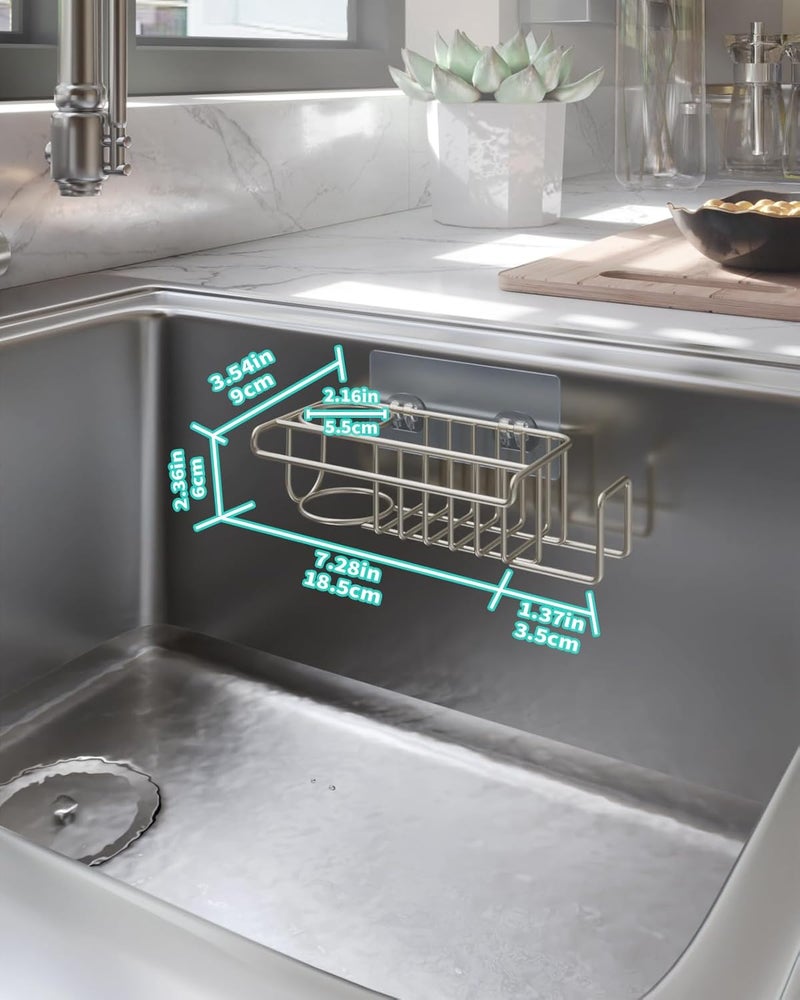 HapiRm Sink Caddy Sponge Holder - No Drill Sponge Holder for Kitchen Sink, Rustproof and Waterproof Kitchen Organizer - Brushed Nickel（8.65 * 3.54 * 2.36 in） - Image 5