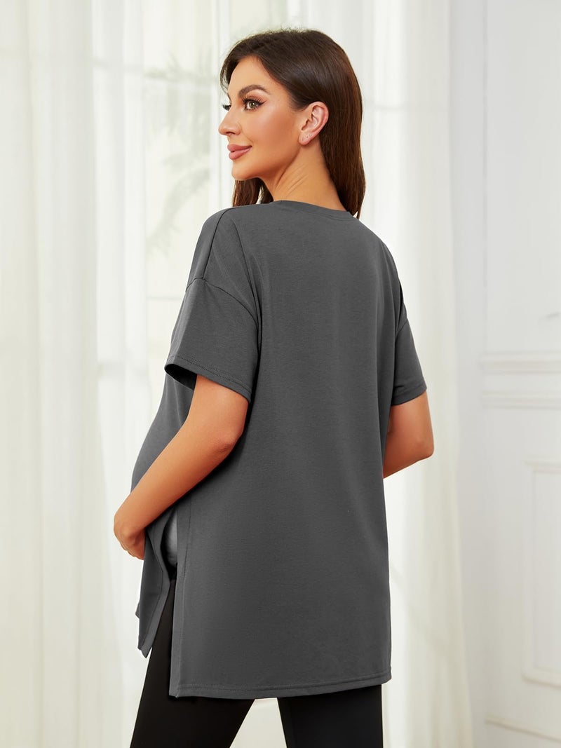 Ecavus Women's Casual Maternity Shirts Split Side Pregnancy Tops Blouses Short Sleeve Loose Fit Maternity Clothes Dark Gray - Image 5