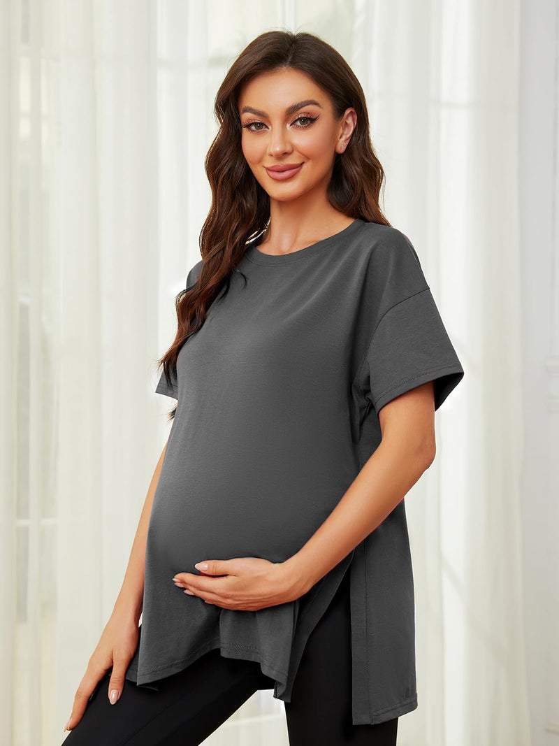Ecavus Women's Casual Maternity Shirts Split Side Pregnancy Tops Blouses Short Sleeve Loose Fit Maternity Clothes Dark Gray - Image 2