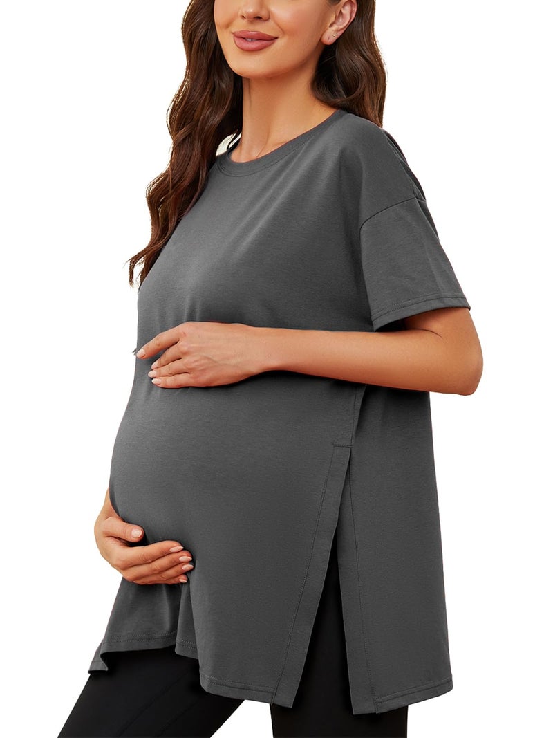 Ecavus Women's Casual Maternity Shirts Split Side Pregnancy Tops Blouses Short Sleeve Loose Fit Maternity Clothes Dark Gray - Image 1