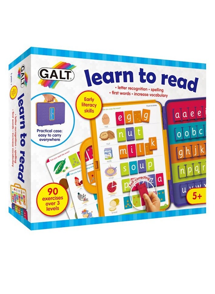 Galt Toys Learn to Read Set | 90 Colorful Letter Blocks | 15 Reading Exercise Cards | Self-Correcting Tiles | Fun Literacy Skills | Travel-Friendly Storage | 4-7 Years | Dimensions: 30x25x8 CM