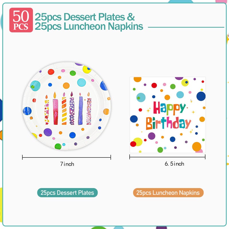HFBOBP 50PCS Happy Birthday Plates and Napkins, 7inch Colorful Dots Birthday Cake Dessert Plates Disposable Paper Dinnerware Set for Birthday's Party Supplies Decorations (Birthday's Candle, 7 Inch) - Image 3