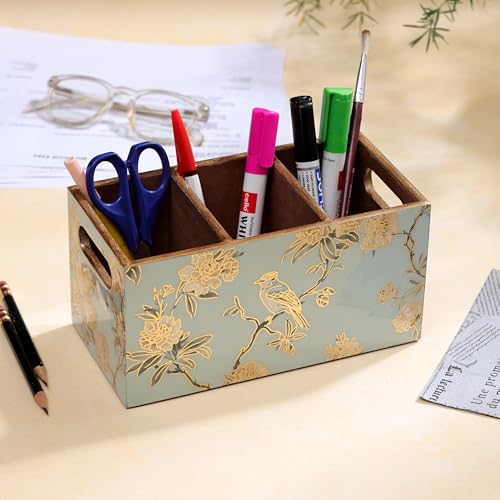 DULI Multipurpose Stand, Cutlery Holder, Spoon Stand, Table Organizer with 2 Sections, Chammach Stand (10cm x 15cm) (3 Section: AquaGoldBirds) - Image 2