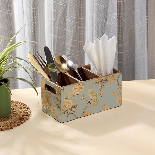 DULI Multipurpose Stand, Cutlery Holder, Spoon Stand, Table Organizer with 2 Sections, Chammach Stand (10cm x 15cm) (3 Section: AquaGoldBirds) - Image 1