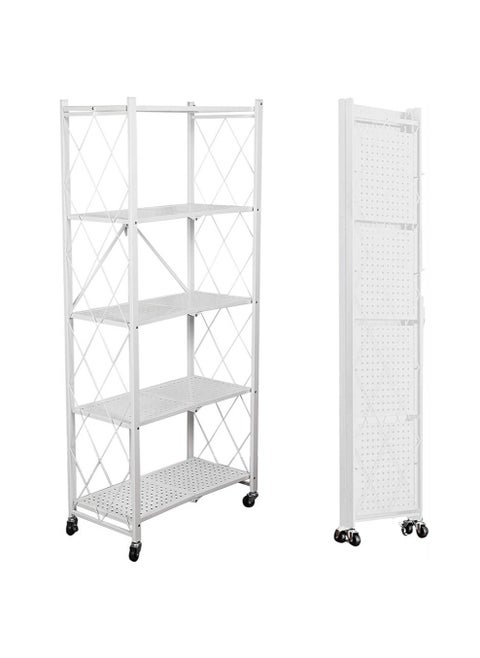5Tier White Metal Organizer Foldable Storage Shelf With Wheel For Garage Kitchen Home Laundry Bathroom