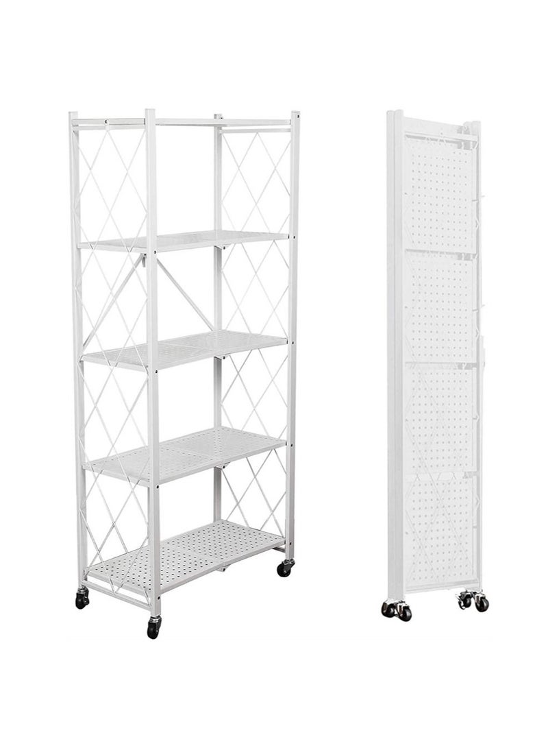 BLOOMING TIME 5Tier White Metal Organizer Foldable Storage Shelf With Wheel For Garage Kitchen Home Laundry Bathroom - Image 1