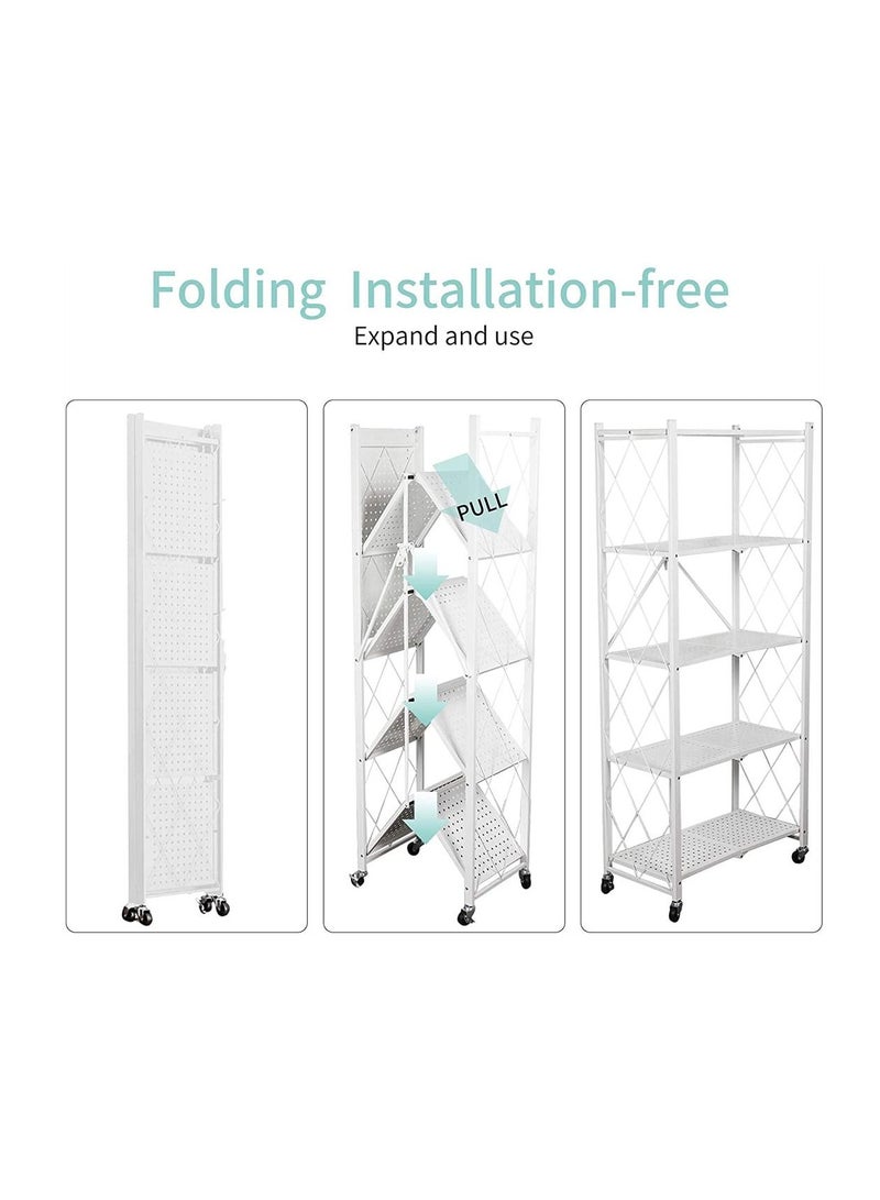BLOOMING TIME 5Tier White Metal Organizer Foldable Storage Shelf With Wheel For Garage Kitchen Home Laundry Bathroom - Image 2