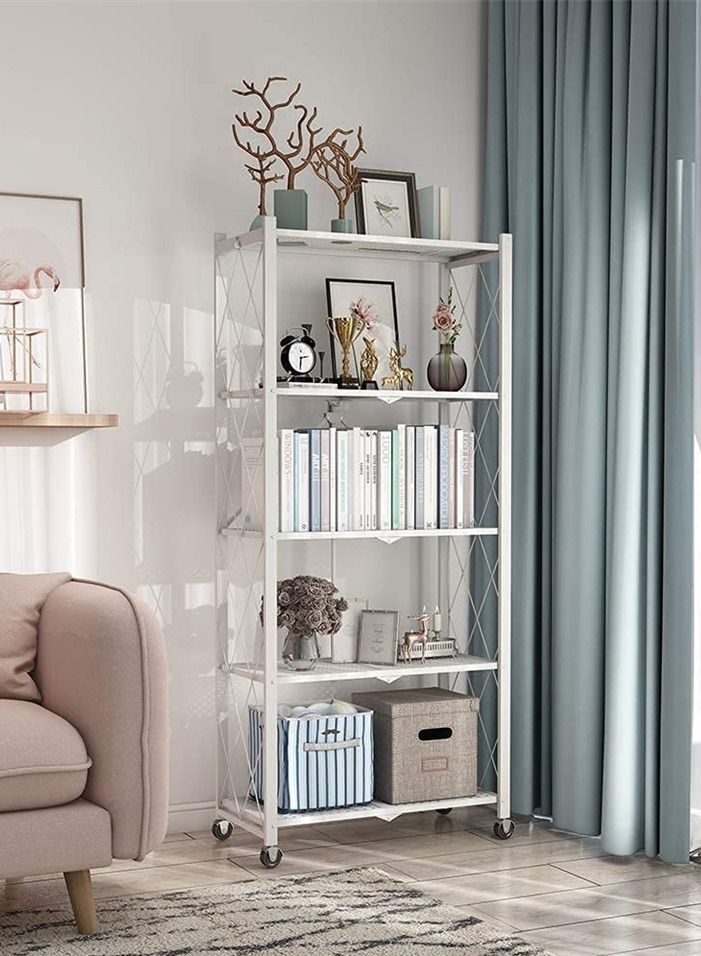 BLOOMING TIME 5Tier White Metal Organizer Foldable Storage Shelf With Wheel For Garage Kitchen Home Laundry Bathroom - Image 3