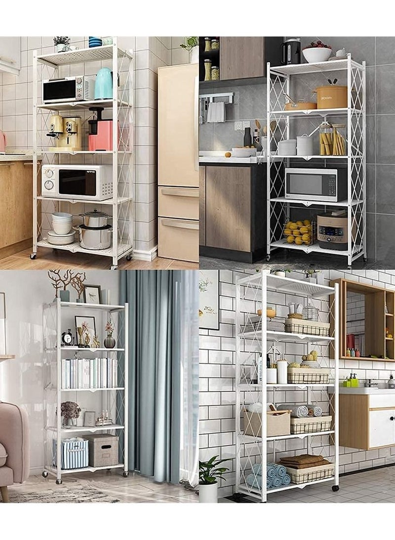 BLOOMING TIME 5Tier White Metal Organizer Foldable Storage Shelf With Wheel For Garage Kitchen Home Laundry Bathroom - Image 4