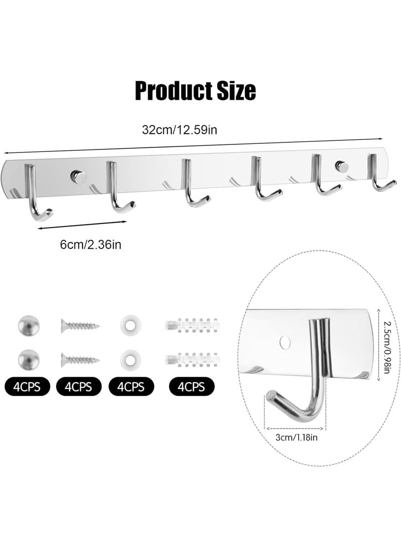 SYOSI Coat Hooks Wall Mounted, Stainless Steel Hook Rail with 6 Hooks, Heavy Duty Coat Rack for Clothes Towels Hats Bags, Space-Saving Modern Design for Bathroom Kitchen Hallway, 2 Pack Silver - Image 3