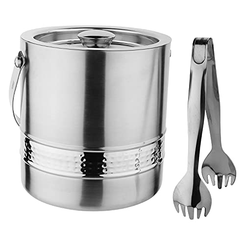 Steren Impex | Stainless Steel Double Wall Ice Bucket with Tong [1500 ml ] Hammered Band Design - Image 1