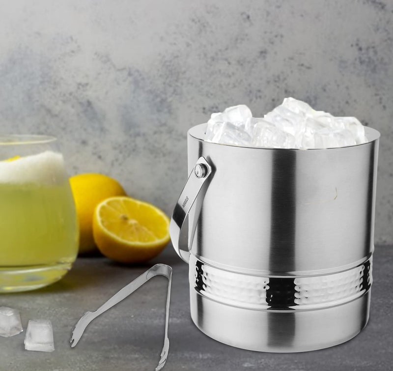 Steren Impex | Stainless Steel Double Wall Ice Bucket with Tong [1500 ml ] Hammered Band Design - Image 5