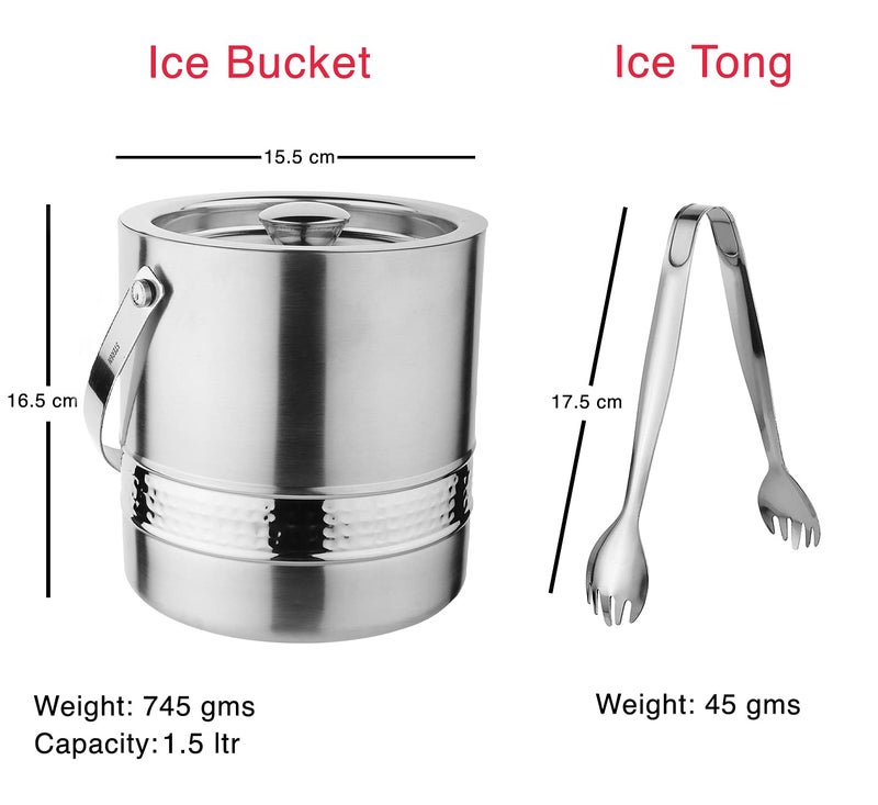 Steren Impex | Stainless Steel Double Wall Ice Bucket with Tong [1500 ml ] Hammered Band Design - Image 2