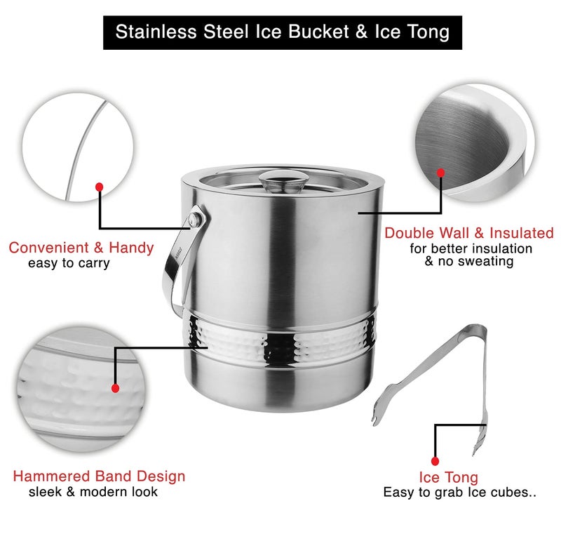 Steren Impex | Stainless Steel Double Wall Ice Bucket with Tong [1500 ml ] Hammered Band Design - Image 4