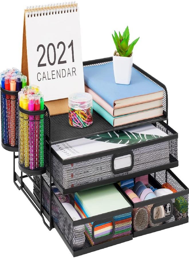 Marbrasse Marbrasse 3 Tier Mesh Desk Organizer with Drawer, Multi-Functional Desk Organizers and Accessories, Paper Letter Organizer with 2 Pen Holder for Home Office Supplies - Black  - Image 1