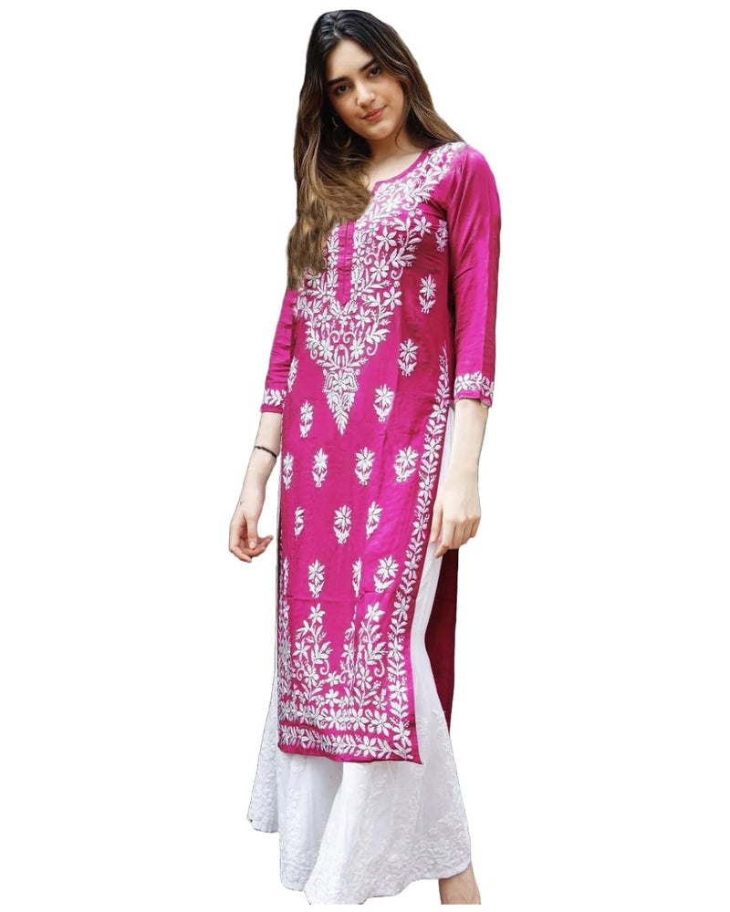 ANNI DESIGNER Women's Rayon Blend Straight Fit Chikankari Embroidered Kurta (Victoria Pink_M_Beige_Medium) - Image 5