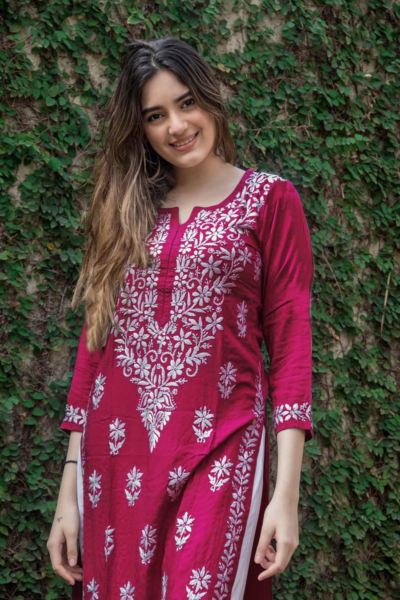 ANNI DESIGNER Women's Rayon Blend Straight Fit Chikankari Embroidered Kurta (Victoria Pink_M_Beige_Medium) - Image 2