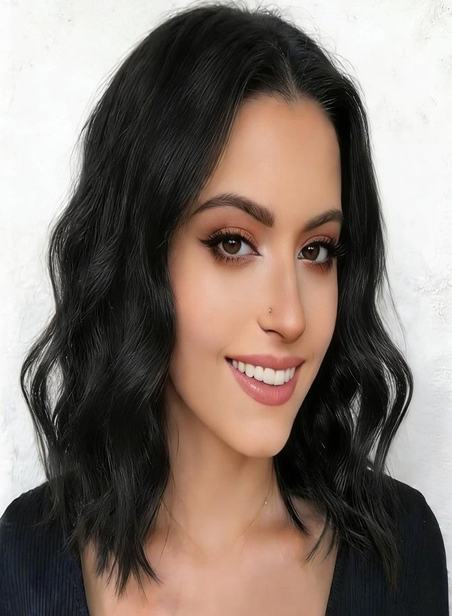 MOONSHOW Short Wavy Wigs for Women Lace Front Black Bob Wigs for Black Women Short Bob Curly Wavy Hair Wigs Synthetic Natural Curly Hair Lace Hairline Wigs for Daily Use (Natural Black, 14 Inch) - Image 1