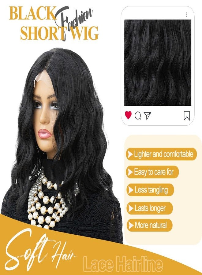 MOONSHOW Short Wavy Wigs for Women Lace Front Black Bob Wigs for Black Women Short Bob Curly Wavy Hair Wigs Synthetic Natural Curly Hair Lace Hairline Wigs for Daily Use (Natural Black, 14 Inch) - Image 4