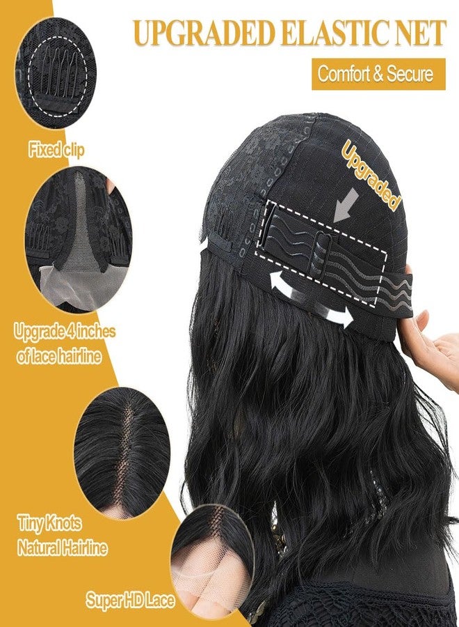 MOONSHOW Short Wavy Wigs for Women Lace Front Black Bob Wigs for Black Women Short Bob Curly Wavy Hair Wigs Synthetic Natural Curly Hair Lace Hairline Wigs for Daily Use (Natural Black, 14 Inch) - Image 5