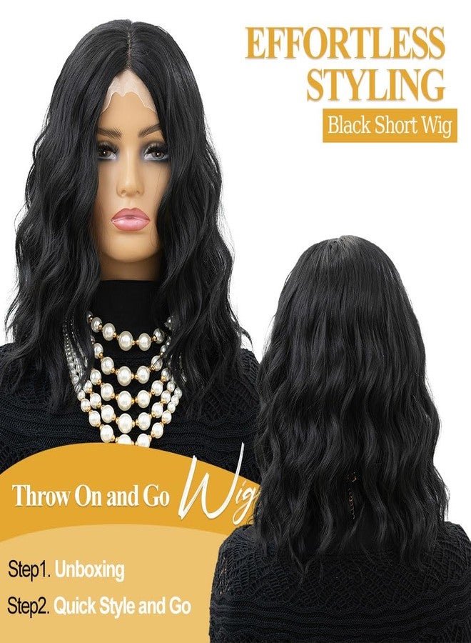 MOONSHOW Short Wavy Wigs for Women Lace Front Black Bob Wigs for Black Women Short Bob Curly Wavy Hair Wigs Synthetic Natural Curly Hair Lace Hairline Wigs for Daily Use (Natural Black, 14 Inch) - Image 2