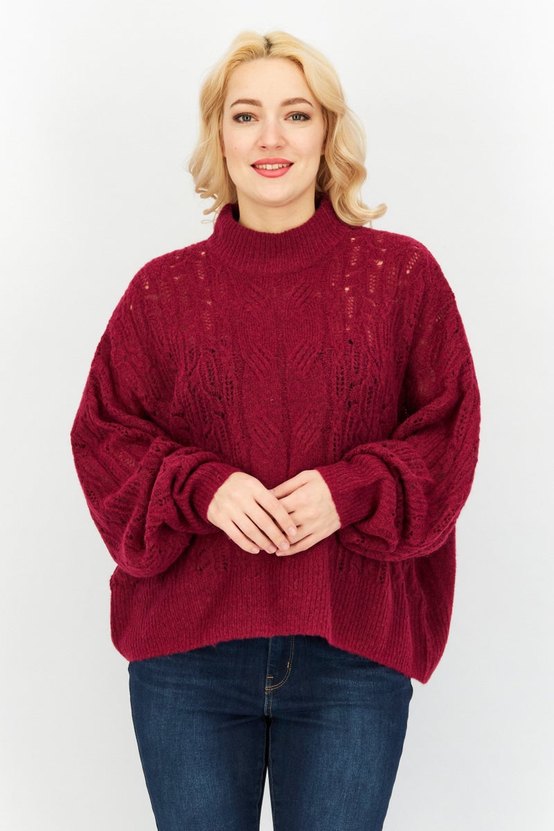 EDC Women High-Neck Long Sleeves Textured Sweater, Dark Pink - Image 1