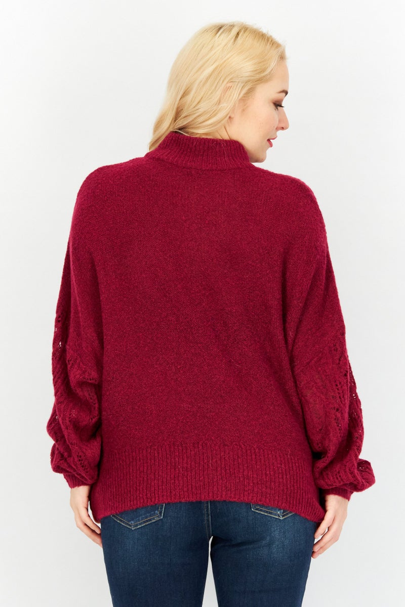 EDC Women High-Neck Long Sleeves Textured Sweater, Dark Pink - Image 3
