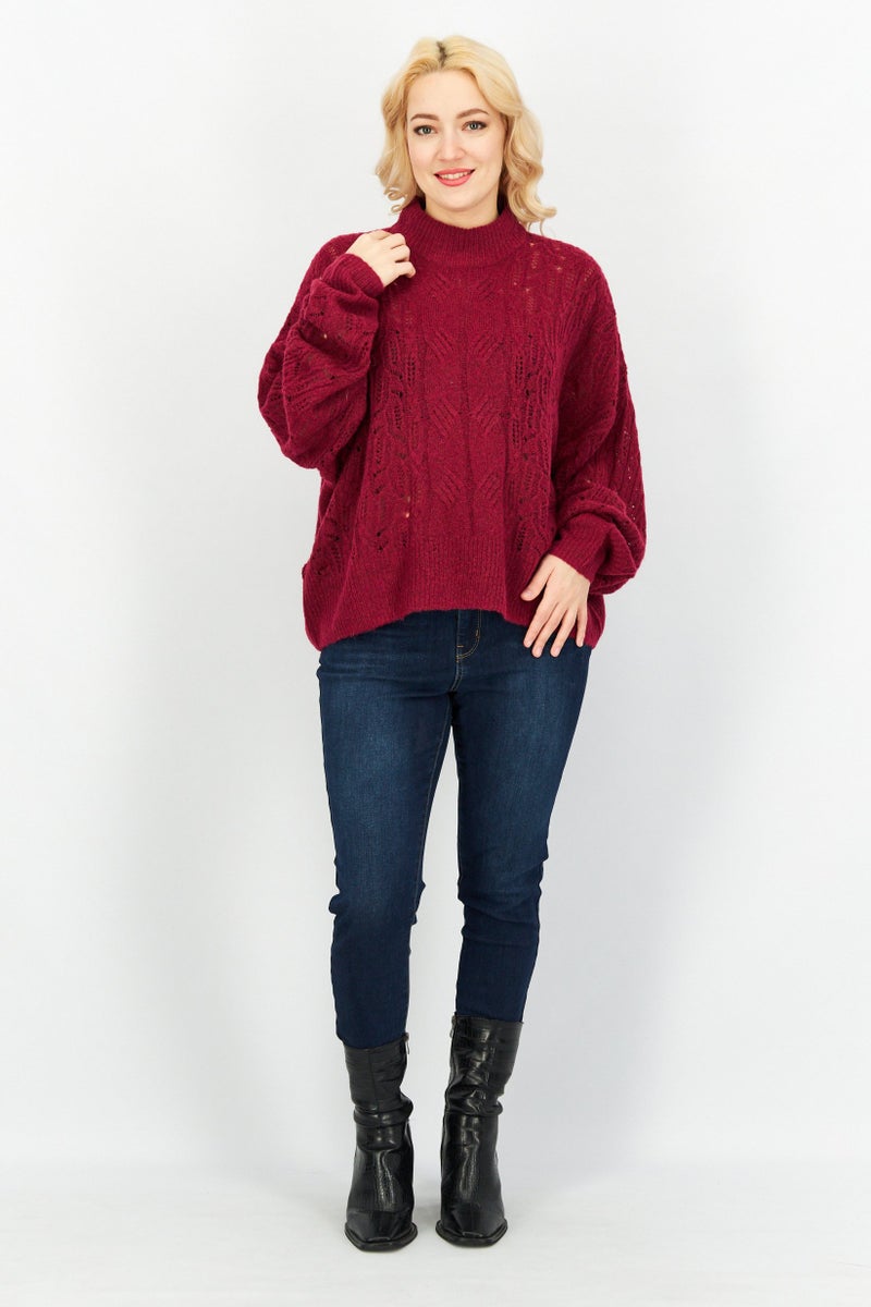 EDC Women High-Neck Long Sleeves Textured Sweater, Dark Pink - Image 4