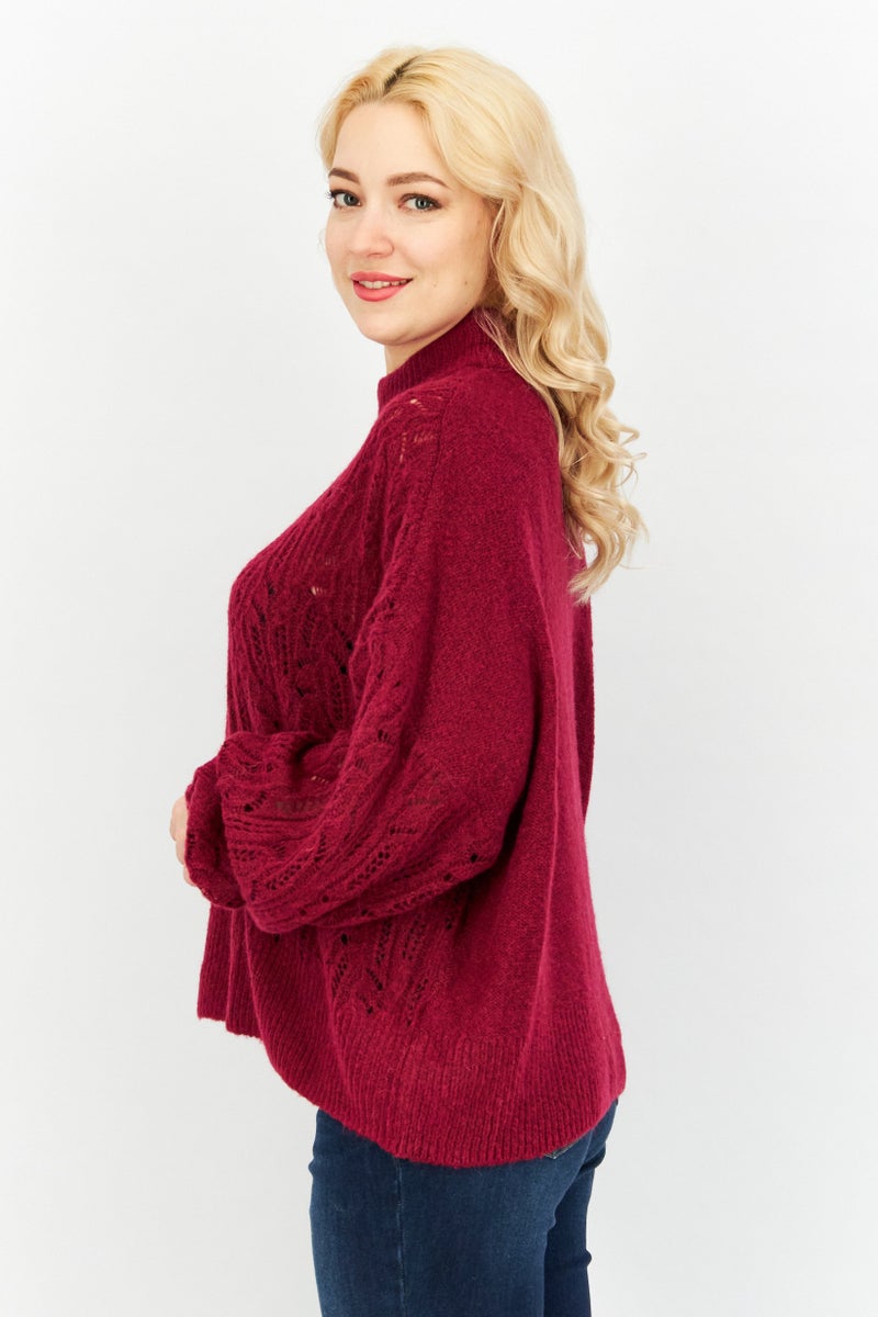 EDC Women High-Neck Long Sleeves Textured Sweater, Dark Pink - Image 2