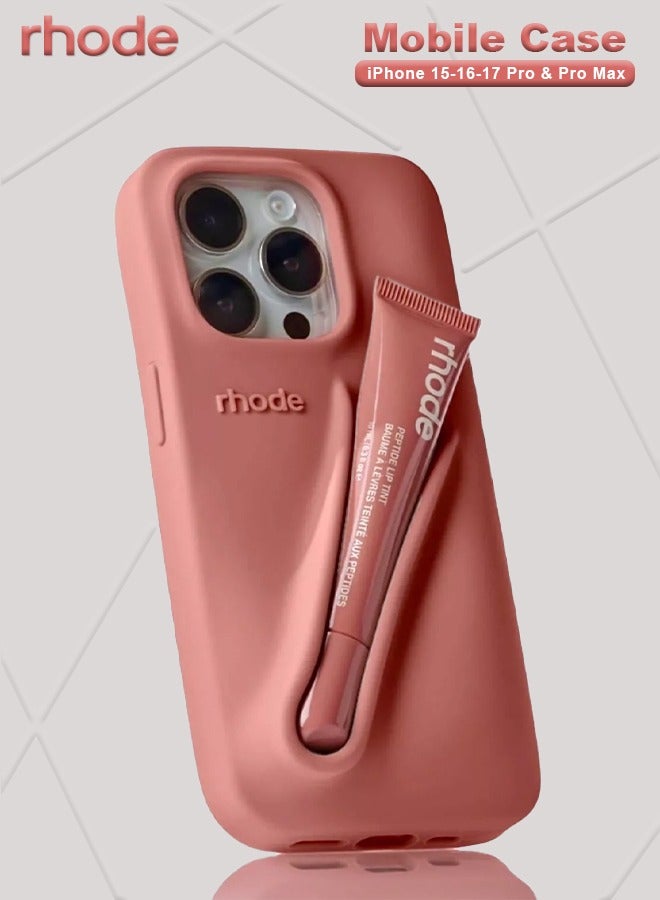 رود تينت شفاه ببتيد بلون سالتي تان مع جراب هاتف صيفي متطابق لهواتف آيفون 15-16-17 برو وبرو ماكس، جراب سيليكون آمن بمسكة ثابتة مع حامل للغوس، تغليف أنيق وتصميم عملي لتجديد الإطلالة أثناء التنقل - Image 1