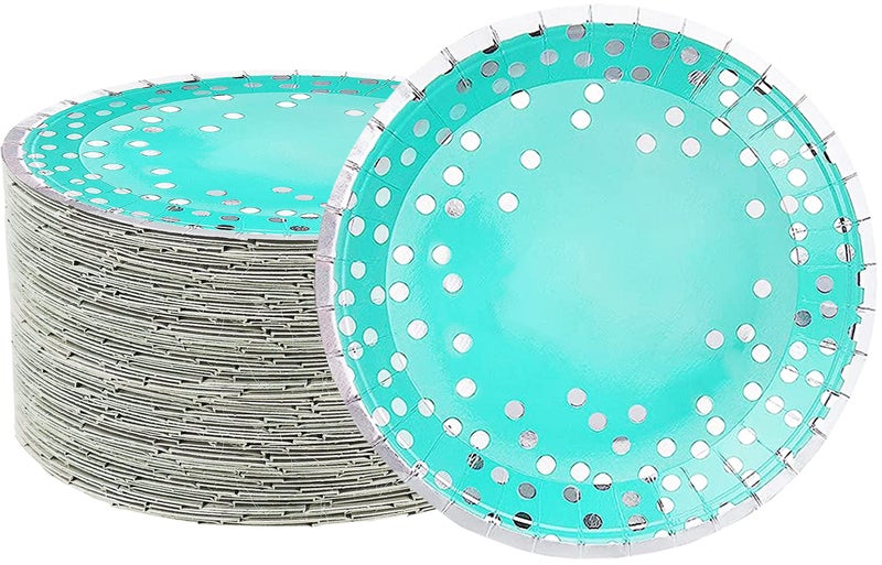 50 Pcs Teal and Silver Party Tableware PlatesTeal and Silver Party Supplies7Silver Dot Teal Paper Plates for Girls Boys Baby Shower Teal Silve Birthday Party Decorations Silver Plates 7