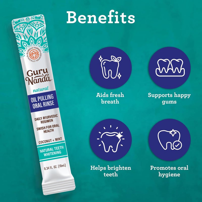 GuruNanda Travel Sachets Coconut Oil Pulling, Fresh Breath & Whitening Mouthwash, 7 Essential Oils & Vitamins for Happy Teeth & Gums, 28 Sachets - Image 4