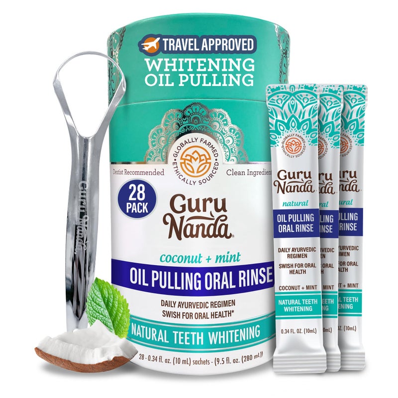 GuruNanda Travel Sachets Coconut Oil Pulling, Fresh Breath & Whitening Mouthwash, 7 Essential Oils & Vitamins for Happy Teeth & Gums, 28 Sachets - Image 1