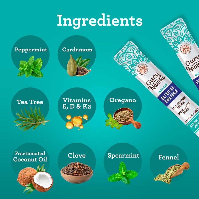 GuruNanda Travel Sachets Coconut Oil Pulling, Fresh Breath & Whitening Mouthwash, 7 Essential Oils & Vitamins for Happy Teeth & Gums, 28 Sachets - Image 3