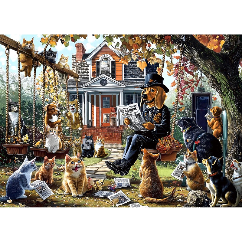 Blueforest Cats and Dogs 1000 Piece Puzzle for Adults Unique Fall Scene with Victorian House Jigsaw Puzzles for Adults 1000 Pieces Family Challenging Puzzle (27.5"x19.6") - Image 1