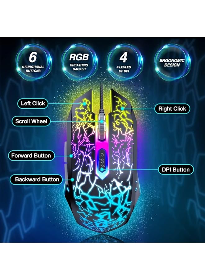 Bluejw Gaming Mouse Wired Ergonomic Gamer Laptop Pc Optical Computer Mice With Rgb Backlit 4 Adjustable Dpi Up To 3600 6 Programmable Buttons For Windows 7/8/10/Xp Vista Linux (Black)  - Image 3