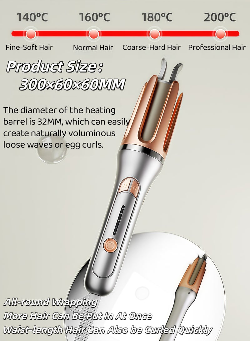 XiuWoo Automatic Curling Iron,Rotating Curling Wand,Professional Clipless Hair Curler,Sizes Barrel 32MM,Adjustable Temperature,4 Gears Fast Heating,2-Way Rotation, Anti-Scald, Anti-Tangle Rotating, 1.4m 360° Swivel Cord(Silver + light brown） - Image 2