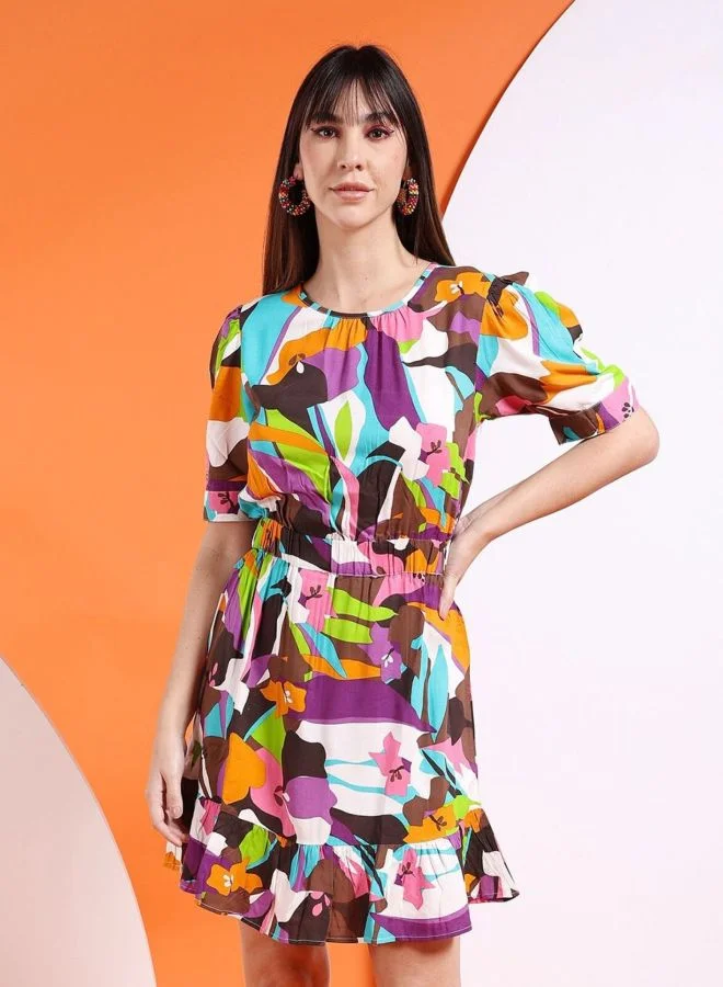 Women Fit and Flared Floral Printed Round Neck Short Sleeve Midi Dress