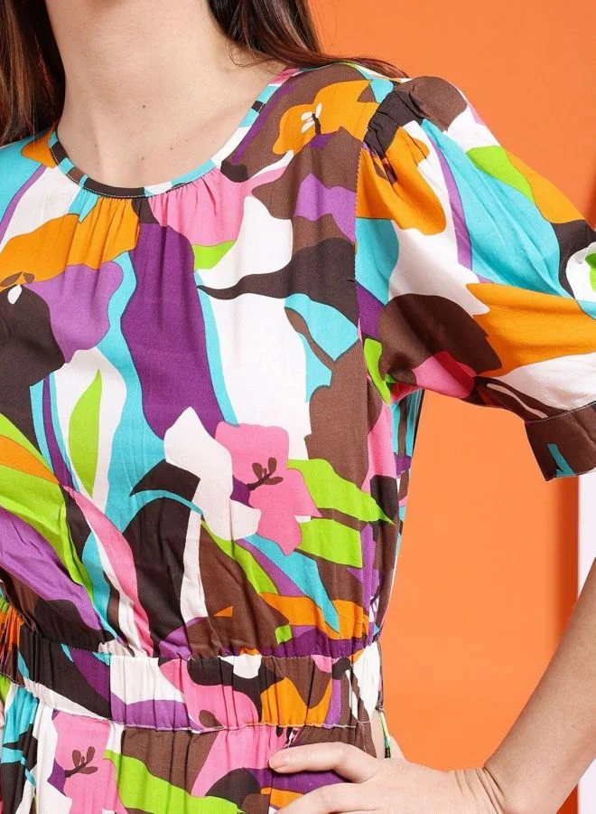 مرفوعة Women Fit and Flared Floral Printed Round Neck Short Sleeve Midi Dress