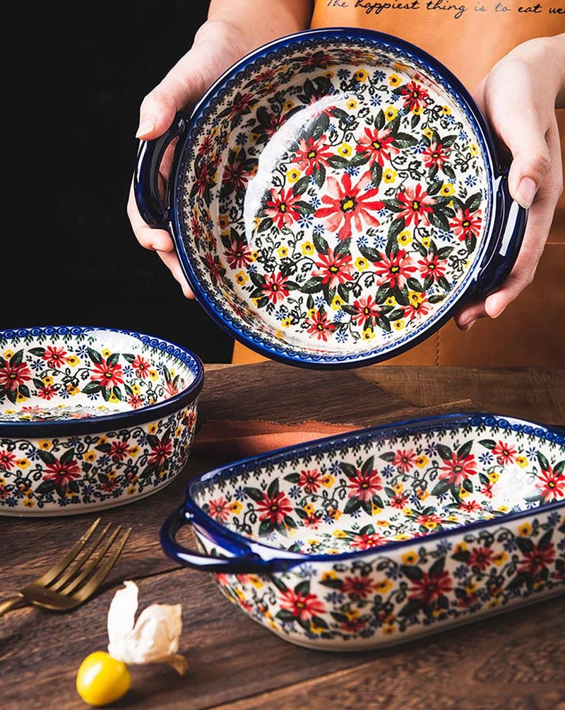 Bicuzat Red Daisy Flower Vintage Style Ceramic Bakeware Casserole Dish Baking Pan Lasagna Pans Baking Dish with Handles for Oven/Cooking/Kitchen-1 PCS, 32 OZ - Image 5